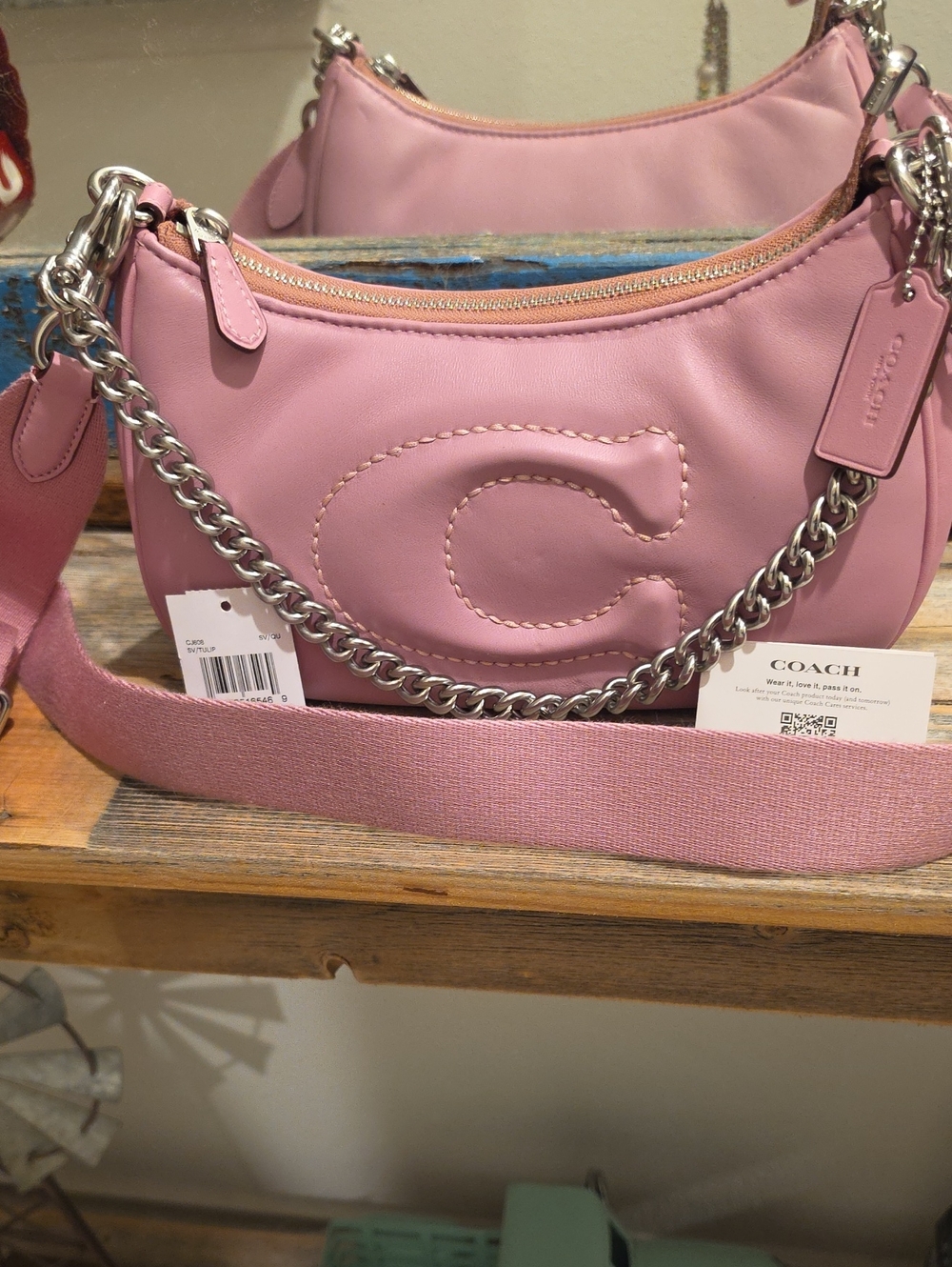 Coach Rose Pink Shoulder Bag with Chain and Fabric Strap